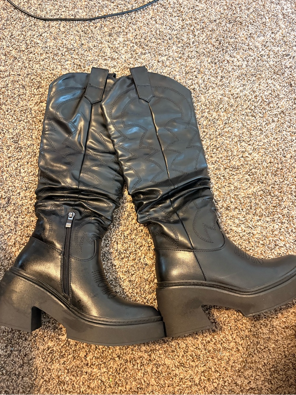 Black Mid-Calf Chunky Heel Boots with Side Zip